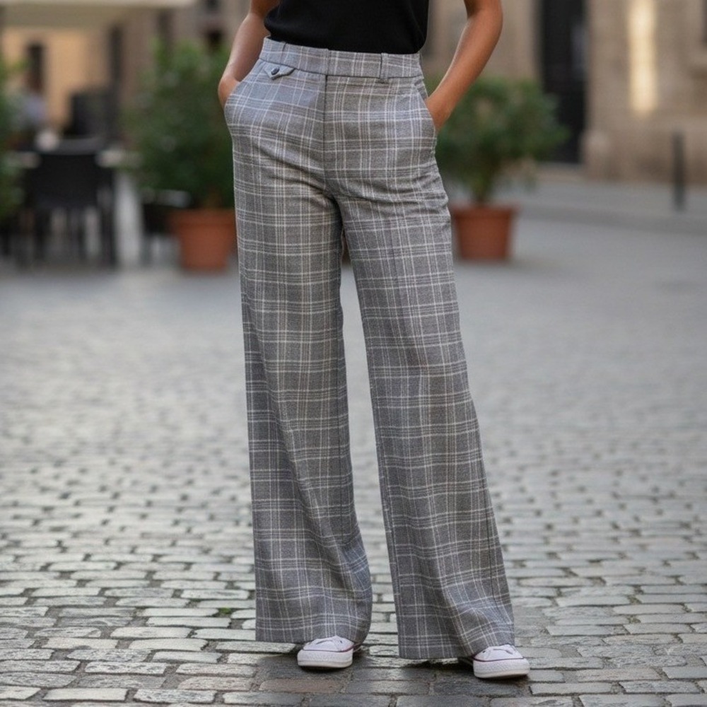 LOFT Womens Grey Pink Plaid Wide Leg Linen Blend Dress Pants Size 2 High Rise